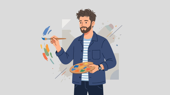 Male Artist Painting with Brush and Palette, Cartoon Illustration