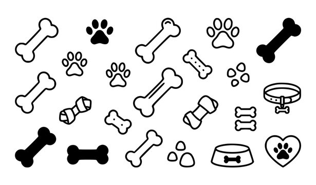Pet Care Icons Collection Featuring Bones Paw Prints and Accessories