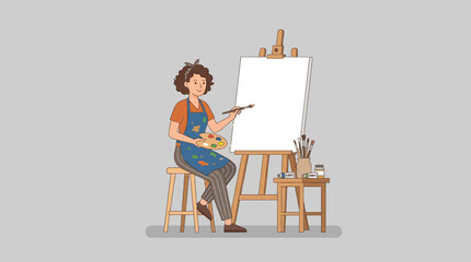 Fototapeta premium Artist painting on easel, creative process in studio, hand-drawn illustration
