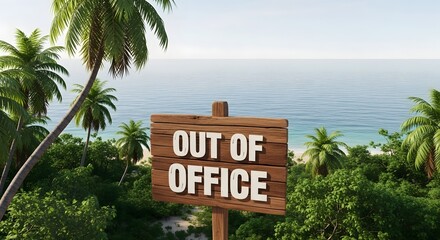 Naklejka premium Out of office wooden signboard surrounded by lush tropical palms. Island getaway and remote vacation destination. Timber text board standing near the deep blue sea.