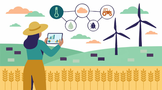 Farmer monitoring smart farm data with tablet, precision agriculture concept