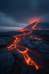Fototapeta premium Kamchatka volcano erupting with flowing lava and steam at dusk