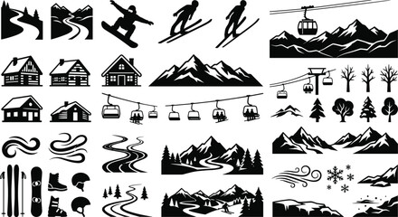 Obraz premium Winter Ski Resort Silhouette Icon Set with Mountains, Chairlifts, Log Cabins, Snowboarders, Skiers, Slopes, and Alpine Forest Vector Elements