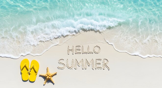 Text hello summer written on a sandy beach. Tropical holiday concept. Yellow flipflops and a starfish resting near gentle ocean waves.