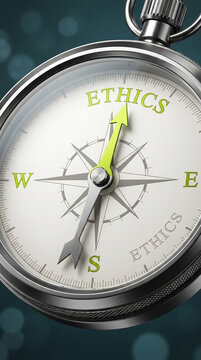 Close-up of a compass with "ETHICS" inscribed, its arrow pointing upward, symbolizing moral guidance and integrity in decision-making