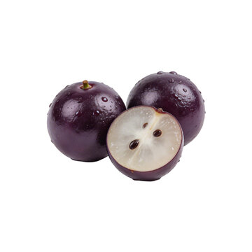 Fresh Juicy Purple Jamun Fruits with Water Drops on White Background, Whole and Sliced Java Plum