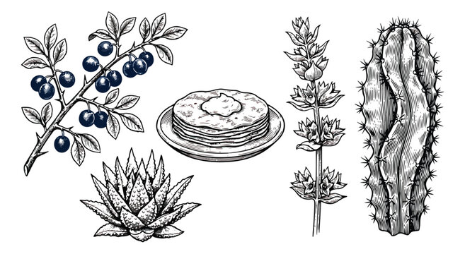 Vintage botanical engraving set, hand drawn black and white plant illustrations, cactus and succulent vector sketches, organic food and berry elements