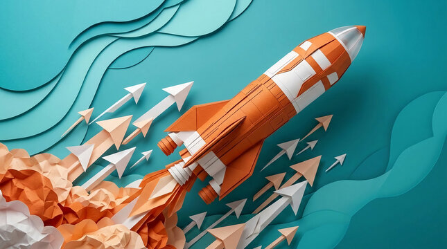Paper rocket launch with directional arrows against a layered teal background, symbolizing business growth, innovation, and forward momentum