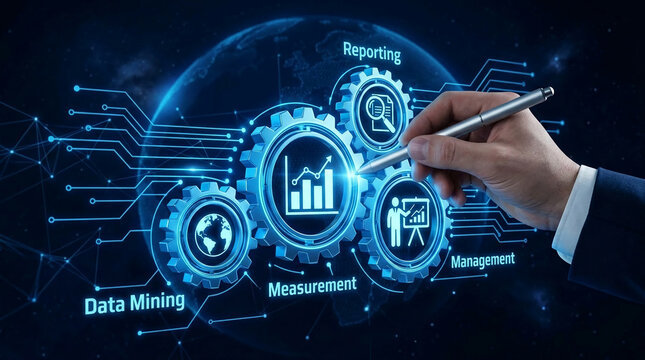 Digital gears representing data mining, measurement, reporting, and management, symbolizing interconnected business processes and analysis