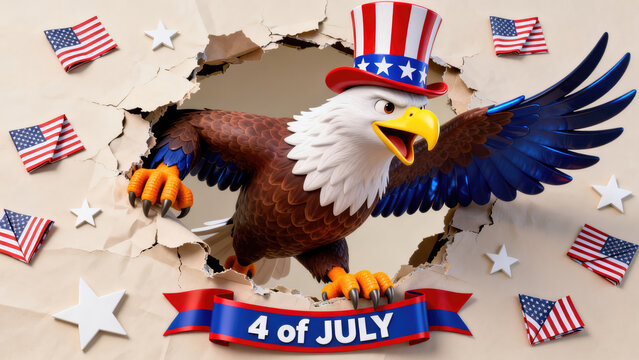 3d american eagle, 4th of July poster peeking out of a hole in the wall, jumps out of a torn hole
