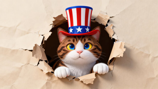 3d cute cat with uncle sam hat, 4th of July poster peeking out of a hole in the wall, jumps out of a torn hole