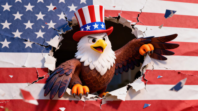 3d cute american eagle, 4th of July poster peeking out of a hole in the wall, jumps out of a torn hole