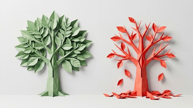 Conceptual paper trees in green and autumn colors with sculpture, minimalism