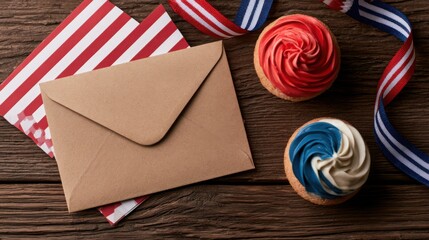 Obraz premium Patriotic holiday party invitation with red and blue frosted cupcakes and striped ribbons on a rustic dark wooden table background for festive celebration