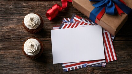 Fototapeta premium Patriotic celebration flat lay featuring two frosted cupcakes with a blank invitation card and gift wrapped in red and blue ribbon on rustic dark wood
