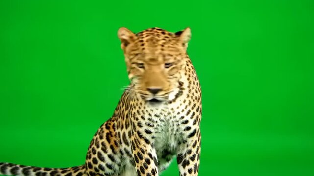 Leopard sitting on green screen, 4k 1080p high quality animal stock video footage