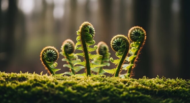 Green fern fiddleheads unrolling on a mossy forest floor. Spring awakening and natural growth concept. Young plant shoots glowing in warm morning sunlight.