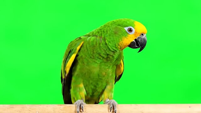 A vibrant green parrot with yellow accents perches on a wooden branch against a striking green screen background