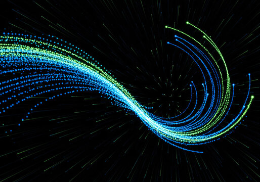 Abstract digital wave of glowing particles and light trails