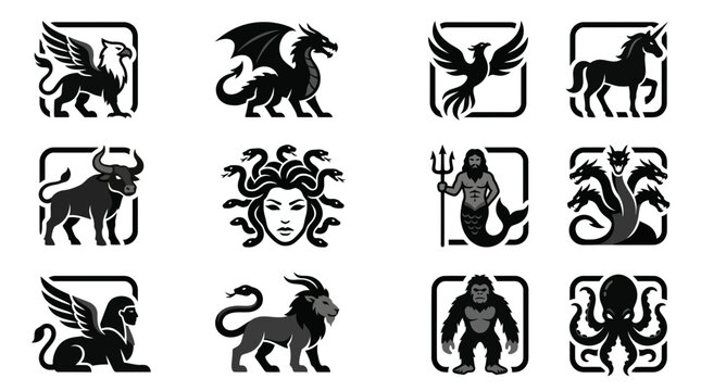 Mythical Creatures Icon Set: Dragon, Griffin, Phoenix, Unicorn, Minotaur, Medusa