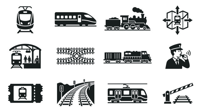 Train Icons Set: Locomotives, Station, Ticket, Railway, Conductor