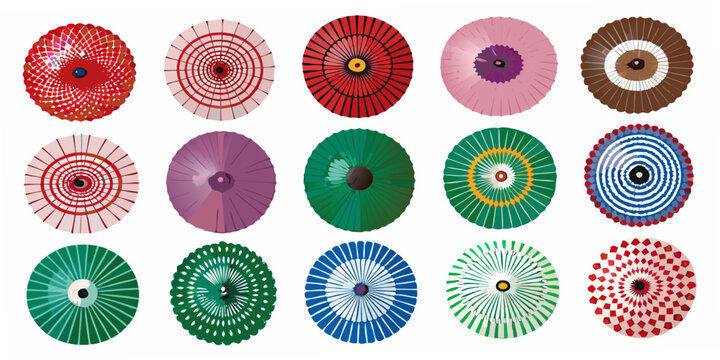Collection Of Twelve Japanese Oil Paper Lanterns Vector Illustration