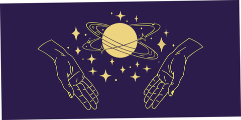 Planet with rings held by hands gold line drawing on purple © Kabita