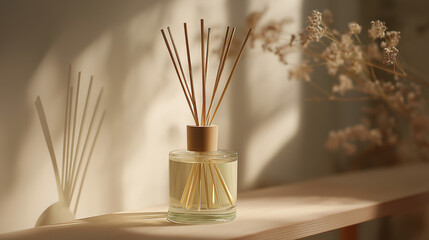Fototapeta premium A glass reed diffuser bottle with fragrance sticks stands on a wooden shelf in a room with soft natural sunlight