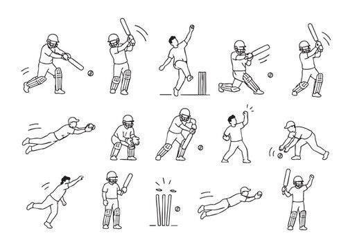 Cricket players action poses set. 