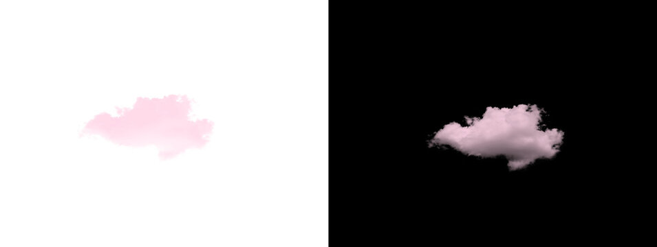 Small soft fluffy light pink cloud shape isolated on white and black