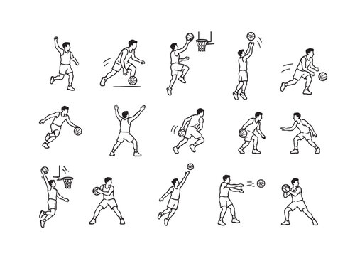Basketball players action poses set.
