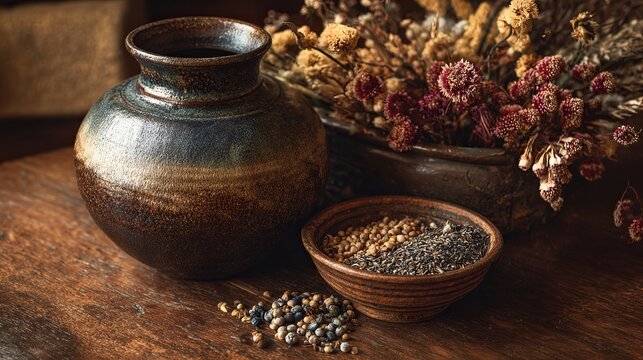 A rustic still life featuring a clay vase, dried flowers, and a bowl of seeds on a wooden table