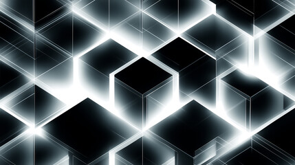 Obraz premium Abstract background featuring glowing white light lines and dark 3D cubes.