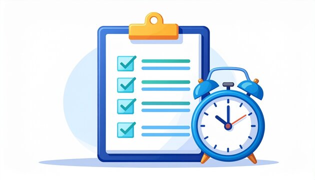Productivity and time management concept illustration featuring a checklist on a clipboard with an analog alarm clock for task planning