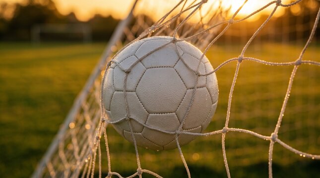 Football caught in the goal net at sunset