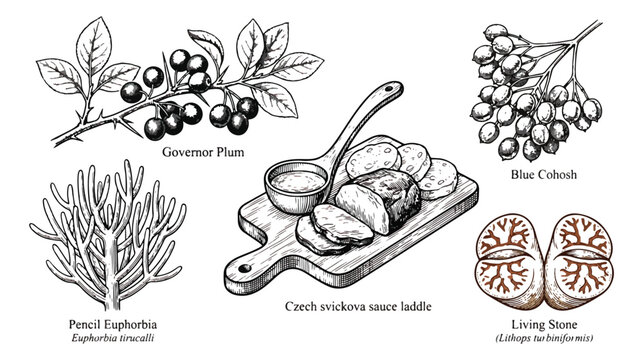 Vintage botanical and culinary vector set, hand drawn governor plum and blue cohosh berries, pencil euphorbia and living stone plants, czech svickova sauce ladle
