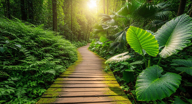 Wooden walkway through a lush tropical forest, sunlight streaming through dense foliage, symbolizing nature's beauty and tranquility
