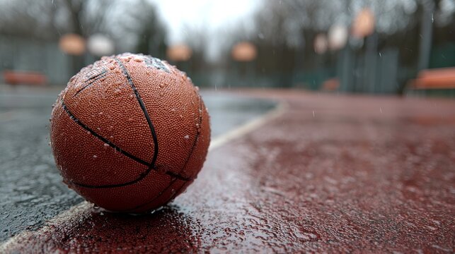 A wet basketball sits alone on a rainy outdoor court with trees in the background.