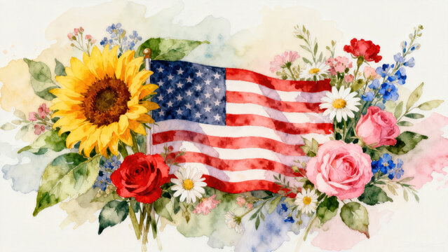 Vibrant watercolor American flag wrapped in blooming spring flowers, symbolizing freedom and joy, perfect for 4th of July celebrations on sublimation products like t-shirts, mugs, and tumblers.