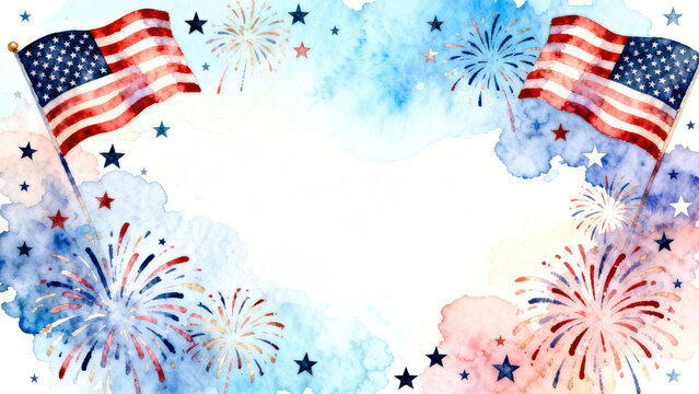 Watercolor American Flag with Fireworks Background for Independence Day Celebration