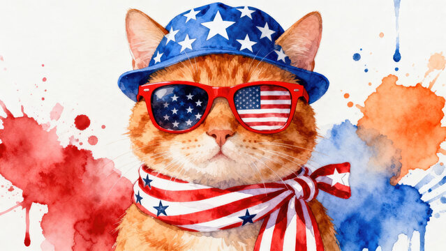 A cat wearing an American flag hat and scarf.