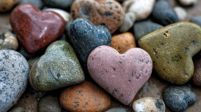 A collection of colorful heart-shaped stones and pebbles on a rocky surface