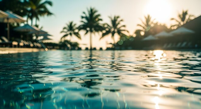 Crystal clear swimming pool water reflecting sunlight. Luxury tropical resort and vacation getaway. Sun setting behind blurred palm trees on a relaxing holiday.