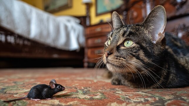 A curious cat lies on a carpeted floor next to a small black mouse in a cozy bedroom with wooden furniture.