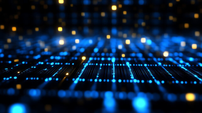 Abstract digital background with glowing blue and gold light particles and data lines.