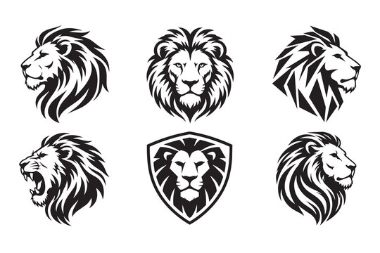 Set of lion head illustrations in black and white style
