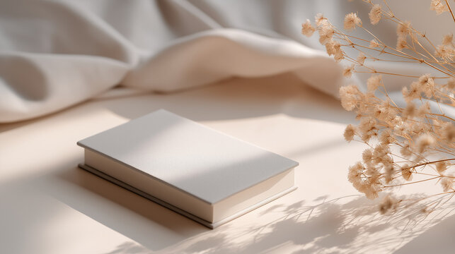 A small white book lies on a light surface with soft fabric and dried flowers in a bright minimalist setting