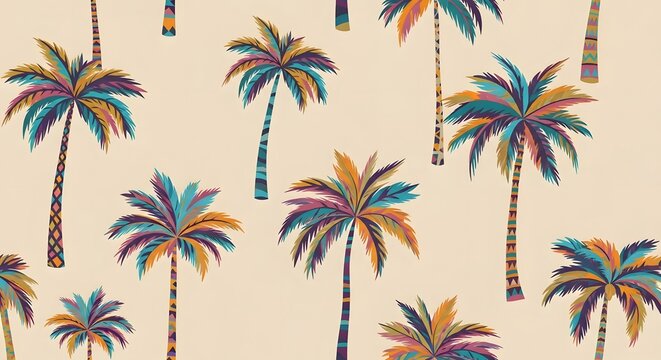 Tropical palm tree pattern and summer vibes. Exotic nature wallpaper and jungle style. Seamless background design with colorful stylized palm trees