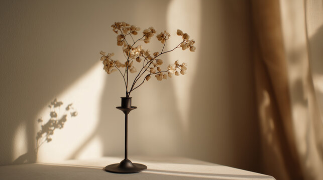 A minimalist black metal candlestick holding delicate dried branches stands on a white table in soft sunlight with elegant shadows