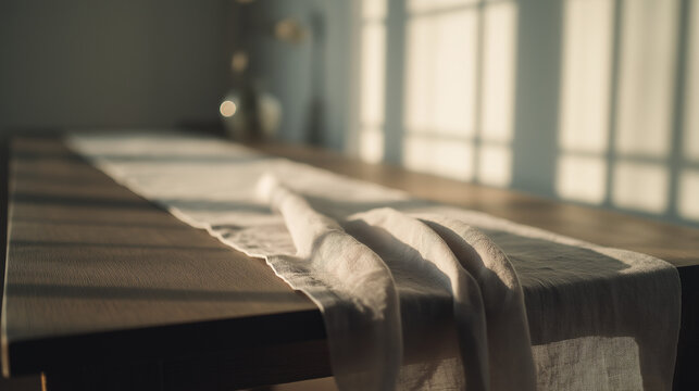 A light linen fabric runner rests on a wooden table under soft morning sunlight casting long shadows across the surface